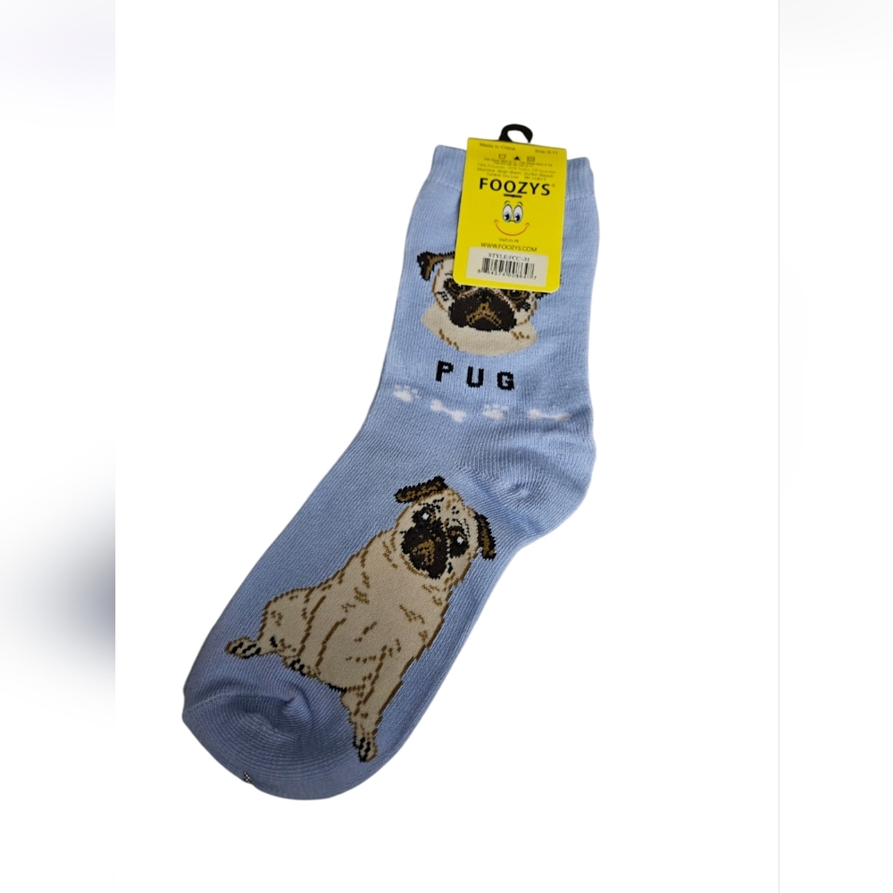 Foozys Fawn pug light blue crew socks NWT